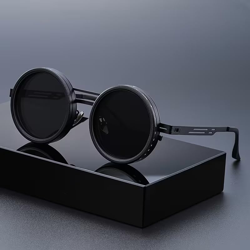 Image of Adjustable Tint Sunglasses, 1-9 Gear Adjustable Polarized Sunglasses with ND Filter Lenses, Round Black Lens for Men & Women, UV Protection for Driving, Fishing, and Outdoor Use.