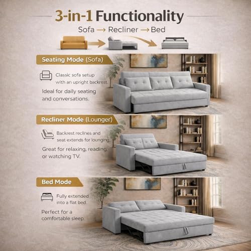Image of Casaliving Treshta Pull-Out Premium Fabric Sofa Cum Bed Sofa Set for Living Room Premium Fabric Sofa Set for Living Room Sofa Cum Bed (Yellow, 2 Seater)