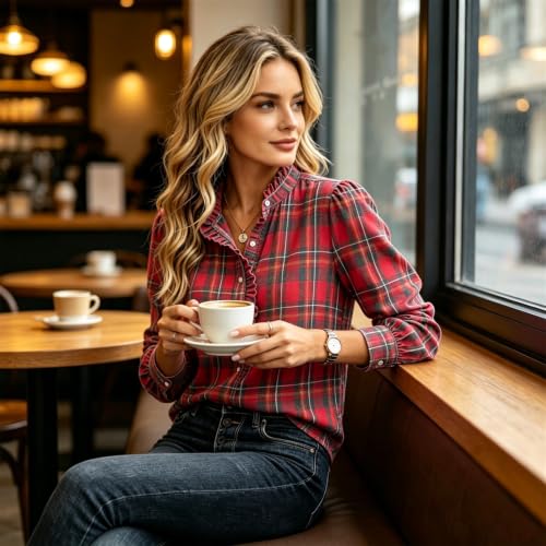 moolBeko Plaid Shirt Women Dressy Casual Long Sleeve Henley Ruffled Blouse - image 4