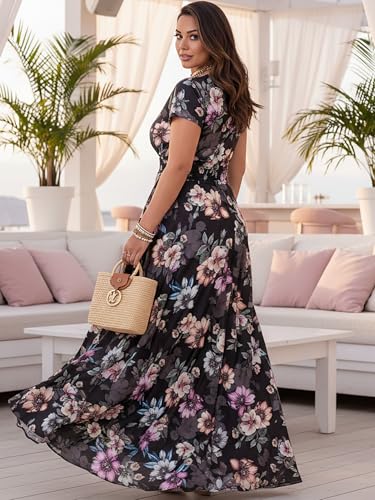 Image of KOH KOH Womens Long Cap Sleeve Floral Print V-Neck Summer Flowy Maxi Dress