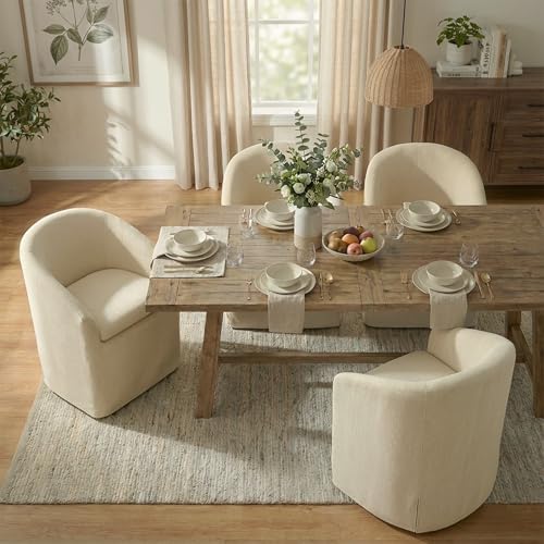 Image of KISLOT Upholstered Dining Chairs with Casters, Washable Cover Modern Dining Room Chairs with Barrel Backrest & Dual Armrest for Kitchen, Living Room, Bedroom, Sand Fabric, 4PCS