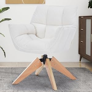 SOERGO Mid Century Accent Chair, Lambs Wool Vanity Chair Modern Cozy Desk Chair no Wheels with Amrest, Wood Legs for Living Room, Reading Room, Bedroom, White