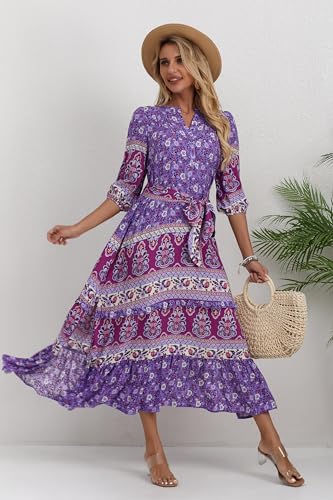 Image of Women Boho High-Waist Floral Print Maxi Dress 3 /4 Sleeve Casual | Soft Rayon, Breathable, Quick-Dry. High-Waist with Adjustable Belt, Flattering Hem. Ideal for Beach, Work & Dating.