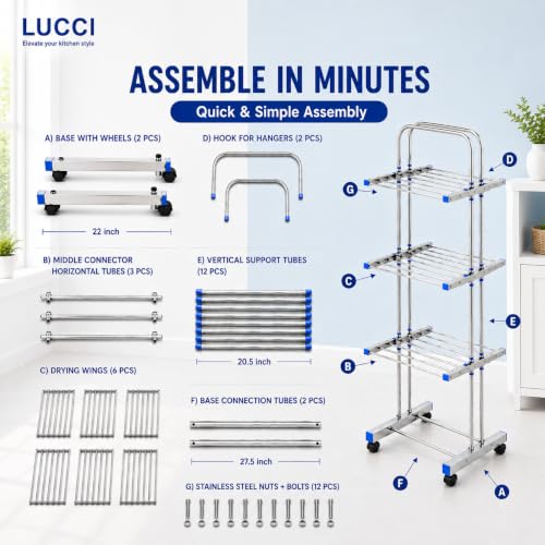 Image of LUCCI Premium Heavy Duty Foldable Stainless Steel Cloth Drying Stand, 3 Tier | Mirror Finish | Portable Laundry Rack | Clothes Dryer Stand with Wheels | Foldable, Movable & Space-Saving Drying Rack