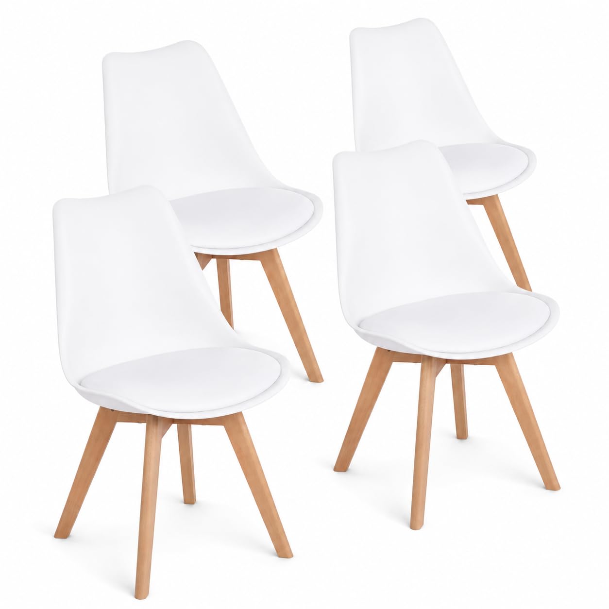 EGGREE 4 Chaises Salle à Manger Scandinaves SGS Tested Lot de 4 Chaises de Cuisine Rétro Rembourrée Chaise de Salle de Bureau, Pieds en Bois de Hêtre Massif, Blanc
