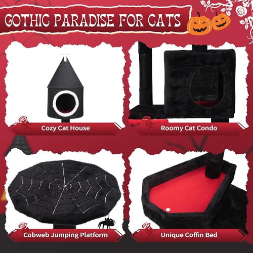 Árbol para gato gótico 64'' negro y rojo con cama ataúd miniatura 5