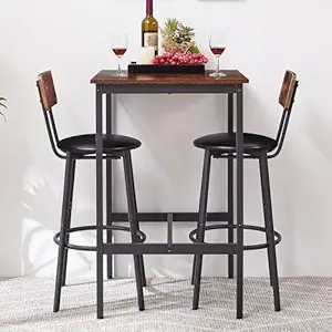 Lostcat Dining Table Set for 2, Sqaure Bar Table and Chairs Set with PU Soft Seat and Backrest, Kitchen Table and Chairs for Small Spaces, Kitchen and Bar, Rustic Brown