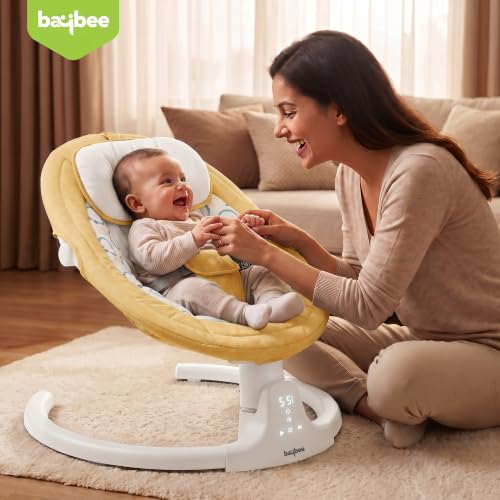 Image of Baybee Lullabies Electric Baby Cradle and Swing | Baby Swing Jhula with Adjustable Swings Speed & Recline | Rocker for Babies with Mosquito Net, Safety Belt & Music Cradle for New Born Baby (Yellow)