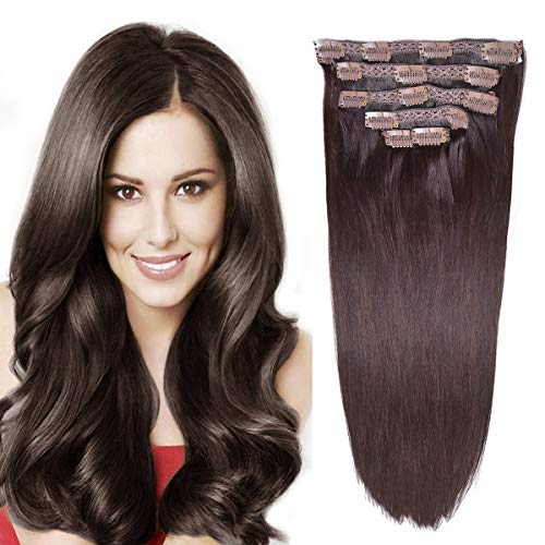 HEBE 14" Remy Human Hair Clip in Extensions for Women Thick to Ends Dark Brown(#2) 6Pieces 70grams/2.45oz