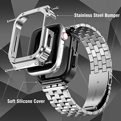HASLFM Apple Watch Straps Compatible for Apple Watch Series 45mm 9/8/7,Rugged Metal Stainless Steel iWatch Band with Protective Case for Men,Silver - Image 2