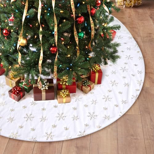 72 Inches Christmas Tree Skirt for Xmas Tree Holiday Party Decorations White Plush Gold Sequin Snowflake