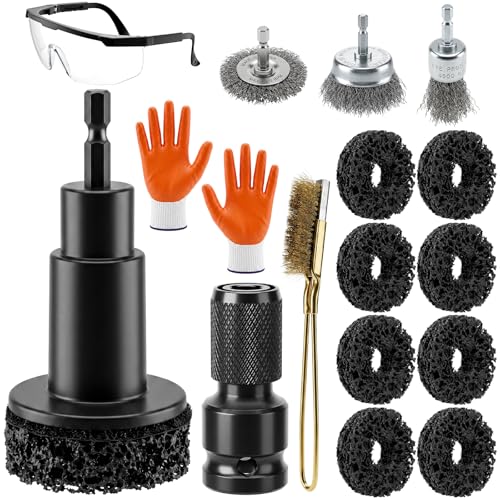 Rsebly Wheel Hub Cleaning Tool Kit 17 PCS Wheel Stud Rust Remover Tool with Goggles & Gloves Surface Cleaning Pad Fits 1/2 Impact Wrench & Drill for Vehicle Rotors Hubs and Brake Service