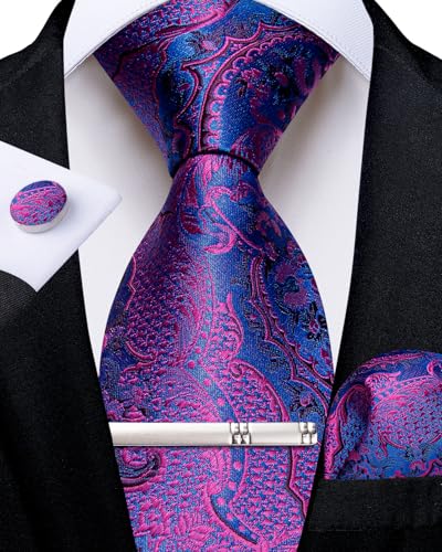 Image of DiBanGu Paisley Ties for Men Silk Necktie and Pocket Square Cufflinks Tie Clip Set Woven Classic Mens Tie for Wedding Party