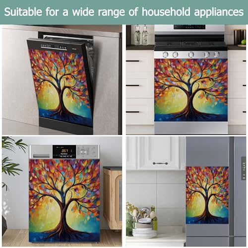 Image of Dishwasher Cover,Tree of Life Reusable Dishwasher Magnet Cover,Decorative Abstract Colorful Tree Magnetic Refrigerator Cover Front Panel Cover for Kitchen Decor 23x26 Inch