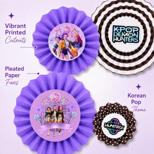 Image of Wanna Party Purple Korean Pop Inspired Paper Fan Decorations, Set of 6 | Hanging Rosette Fans for Birthday, Dance Party, Photo Backdrop, Cake Table & Celebration Decor