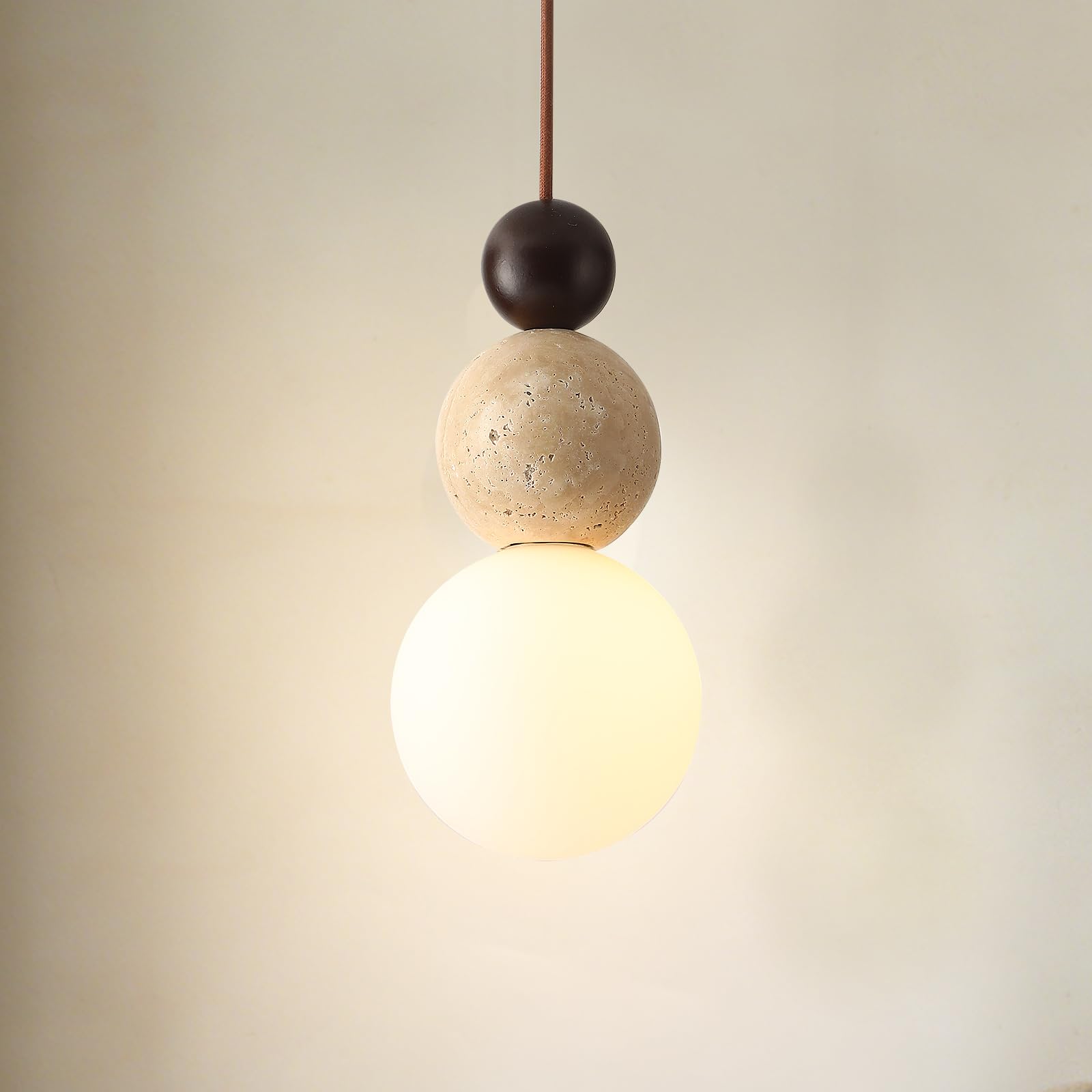 Kaixunl Yellow/Light Travertine Pendant Wabi-Sabi Style Japanese Wooden & Stone Hanging Lights Spherical Decorative Hanging Lamp Adjustable Height Modern Pendant Lamp For Bedroom Dining Room Kitchen