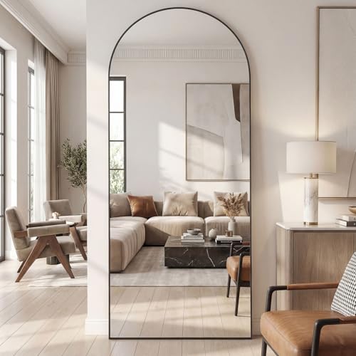 Vortisys 180 x 75 cm Espejo de Cuerpo Entero, Cristal Templado, Espejo Arqueado con Soporte, Marco de Aleación de Aluminio, para Dormitorio, Salón, Vestuario