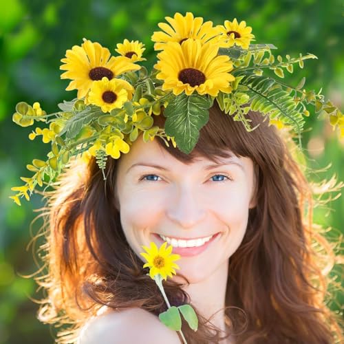 Image of 6Pcs Sunflower Wreath for Front Door Artificial Sunflower Spring Summer Table Centerpieces Wreath Fake Yellow Floral Candle Rings Wreaths for Pillars Cabinets Wedding Table Home Decor