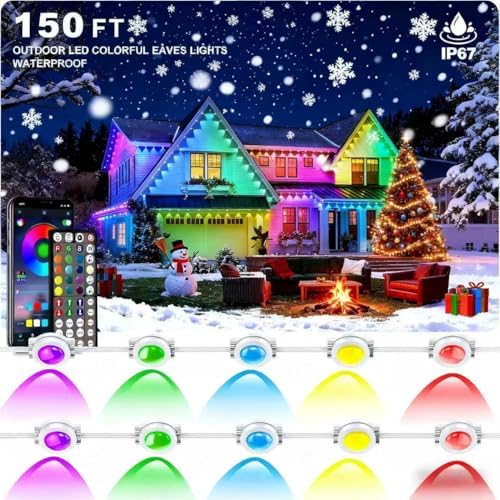 Permanent Outdoor Lights 150FT—Smart RGB Eave Lighting with App & Remote Control, IP67 Waterproof for House Exterior, Garden, Holiday, and Party Decor