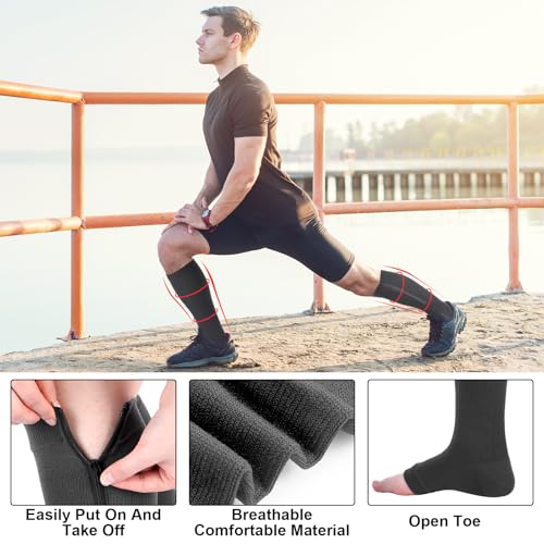 Image of Nuanchu 3 Pairs Open Toe Zipper Compression Socks 20-30mmhg Zipper Compression Toeless Knee High Socks for Men Swelling Edema