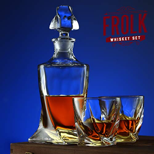 Whiskey Decanter And Glasses Set - Gift For Men - 4 Extra Large Scotch Twisted Glasses, Twisted Decanter And 4 Stone Coasters - Glass Decanter For Whisky, Bourbon, Scotch In Premium Gift Wooden Box #TOP6