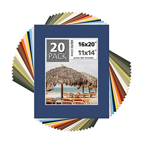 Mat Board Center, Pack of 20, 16x20 Mixed Colors White Core Picture Mats Mattes Matting for 11x14 Photo