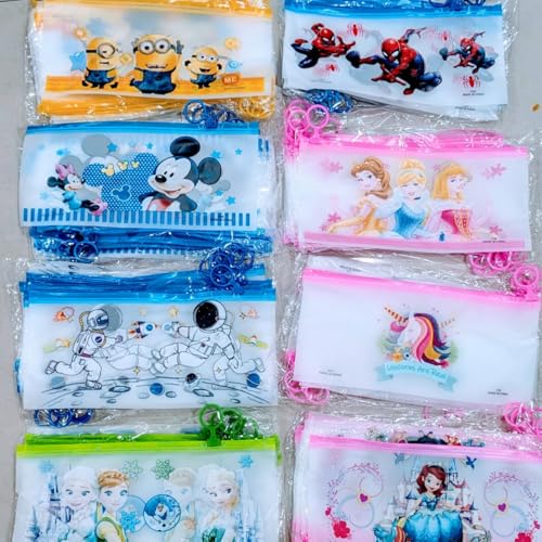 Image of Cartoon Pencil Pouch for Kids (Pack of 12) - Translucent Zipper Stationery Case 24cm X 11.5cm, Waterproof PVC Bag - Birthday Return Gift for Boys and Girls (Assorted)