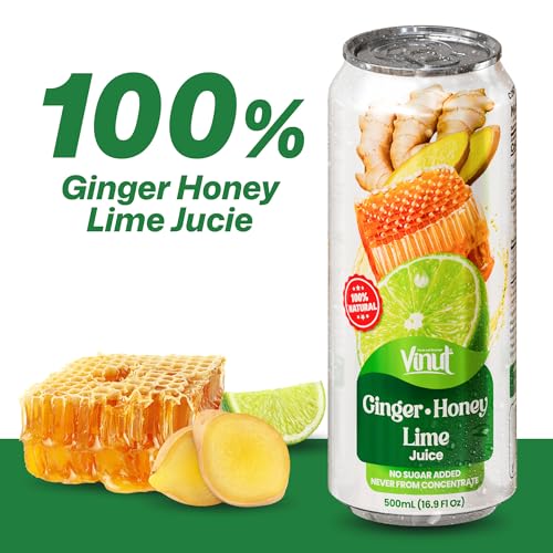 Image of VINUT Ginger, Honey & Lime Juice, 85% Juice, No Added Sugar, Not From Concentrate, 16.9 fl oz (500 mL) Can, Pack of 24