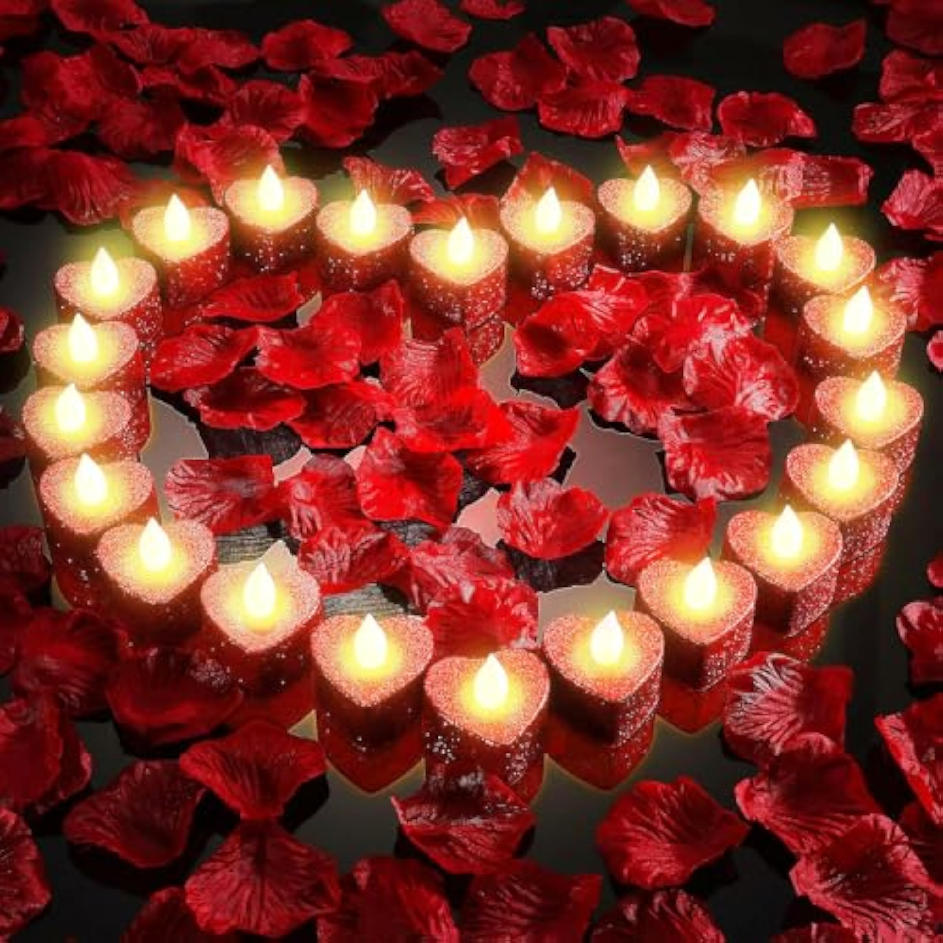 24 Velas LED Brillantes Con 1200 Pétalos de Rosa Artificiales - Decoración Romántica Para San Valentín y Aniversario - Velas Sin Llama Para Mesa