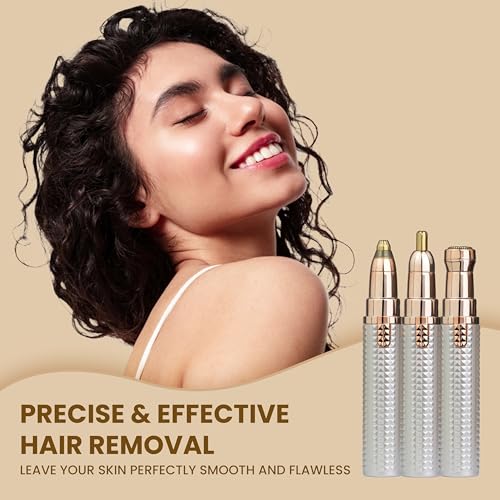 Image of Eyebrow Trimmer for Women, 3 in 1 Rechargeable Facial Hair Remover with Replaceable Heads, Professional Painless Personal Hair Removal For Eyebrows, Upper Lips, Face, Nose, Ear Hair (Rose Gold)