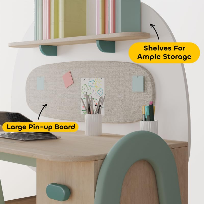 Image of Smartsters Study Table for Students with Large Desktop, Pin-Up Board, Open & Closed Storage, Wide Tabletop, and Exciting Back Panel. Perfect for Books, Stationery, and Craft Material.