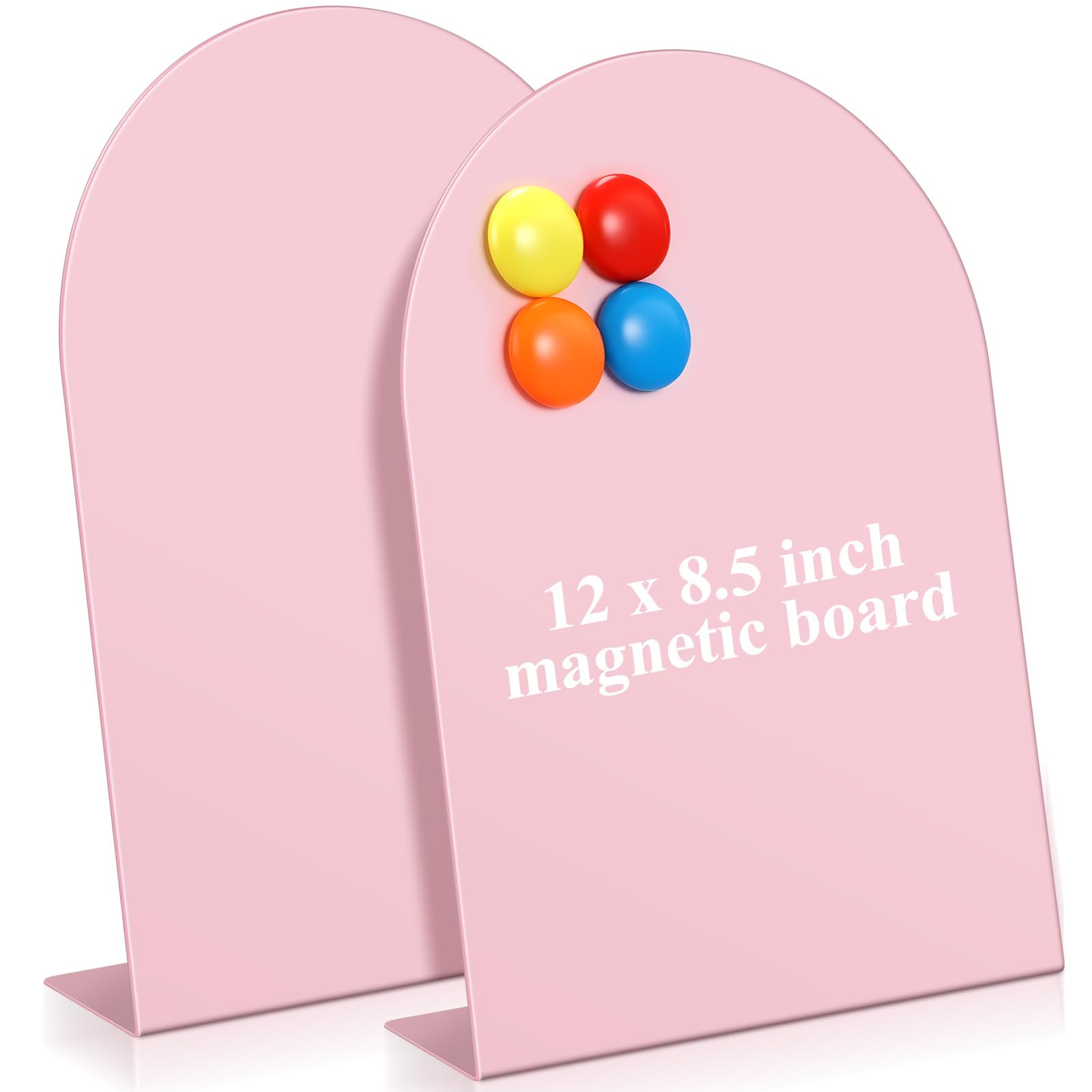Shimeyao 2 Pcs Pink Magnetic Bulletin Board for Tabletops with 8 Magnets 12 x 8.5 Inch Memo Display Easel Stand for Home Office School Kitchen Table Supplies (Arched)