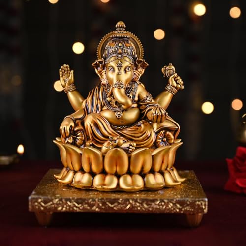 Image of Artarium Resin Small Lord Ganesha Idol (Height 4-Inch), Lotus Ganpati Murti Statue, Handcrafted for Car Dashboard Home Temple and Home Decor Gift Item - Gold Finish
