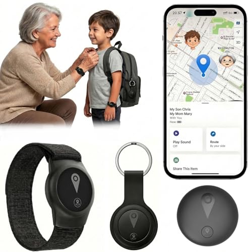 GPS Tracker for Kids, Real-Time GPS Tracking Device for Children w/Wearable Wristband & Keychain Design, No Monthly Fee/No SIM Card, Lightweight Locator Works w/iOS Find My, Long Standby, Waterproof