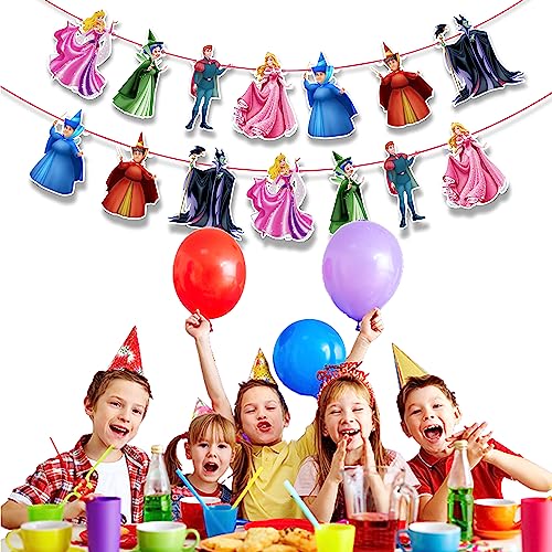 Image of Sleepin Beauty Garland Decoration - Princss-Themed Party Banner Featuring Castles, Crowns, Roses & Magical Icons - Elegant Supplies for Birthdays, Celebrations & Themed Events
