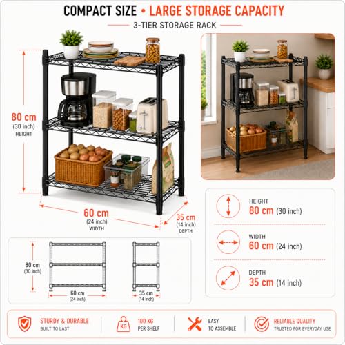 Image of STORACK 3 Tier Heavy Duty Kitchen Storage Rack for Home & Pantry | Ventilated Wire Shelving Unit | Multipurpose Steel Organizer Stand, Laundry & Utility Storage | 60 x 35 x 82 CM | Black Chrome Finish
