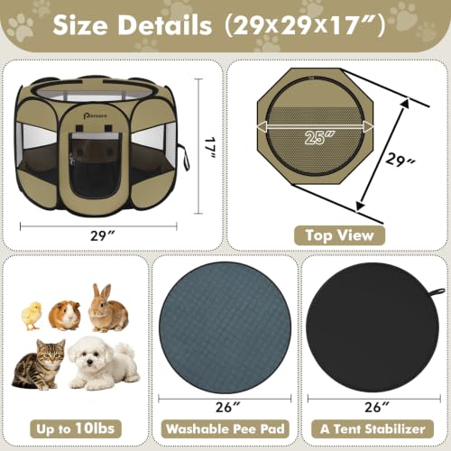 Image of Persure Dog Cat Pet Playpen Puppy Crate Cage for Indoor Outdoor Travel | Nursing Rest Zone Recovering Pet Quarantine Room Portable Pop Up Easy to Set up lightweight Carrying Bag(Khaki with Pad,Small