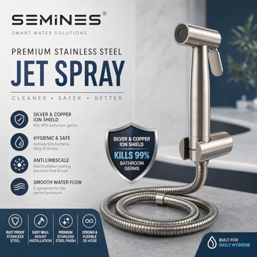Image of Health Faucet Stainless Steel Jet Spray Gun for Toilet | Silver & Copper Ion Shield Kills 99% Germs | Leak-Proof Bathroom with 1.5 mtr Hose 2 Year Warranty (Jet Spay with Pipe)