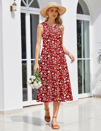 Image of HOTOUCH Summer Casual Dresses for Women Sleeveless Midi Dress Swing Tank Sundress Pleated Tshirt Dress with Pockets