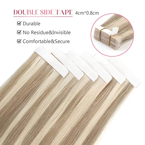 Image of Sixstarhair Remy Tape In Hair Extensions Ash Blonde and Ash Brown Piano Color Remy Human Hair Lowlight Hair Extensions 20 Pieces Pack For White Women [P8-60 16inch]