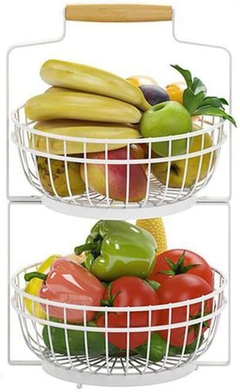 Detachable Fruit And Vegetable Basket Bowl Storage Rack with Wood Portable Wire Kitchen Counter Organizer