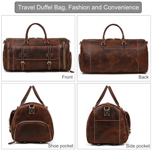 Full-grain Genuine Leather Travel Bag Large Capacity Duffel Luggage Bag with Shoe Compartment, Men Women Shoulder Bag for Weekend Holiday Business Trip, 58cm3