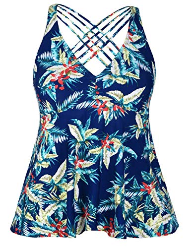 Firpearl Women's Tankini Swimsuits Cross Back Flowy Swim Tops Modest Swimwear Us18 Navy Leaf #TOP20