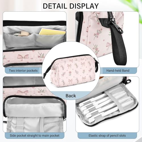 Image of Pink Ribbon Bow Flower Pencil Case Pouch Big Capacity Pencil Bag Box Organizer Pen Case with Zipper Pencil Cases for Girls School College