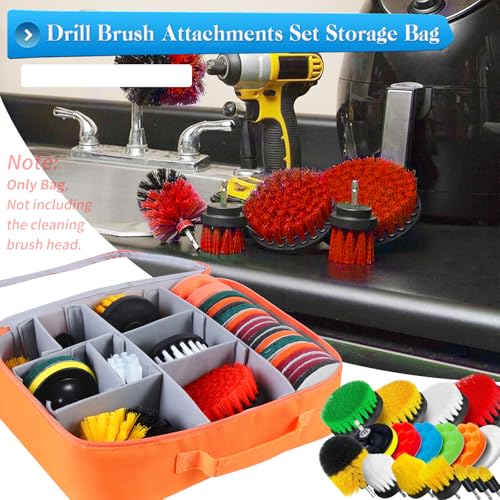 Image of Drill Brush Set Storage Bag Portable Carrying Bag for Drill Brush Attachment Set,With Clear Window and Multiple Compartments for Sponge,Brushes,Scouring Pads,Only Case,Orange