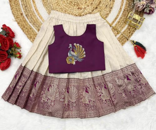 Image of Girls South Indian Pattu Pavadai | Traditional Jacquard Silk Lehenga Choli Set
