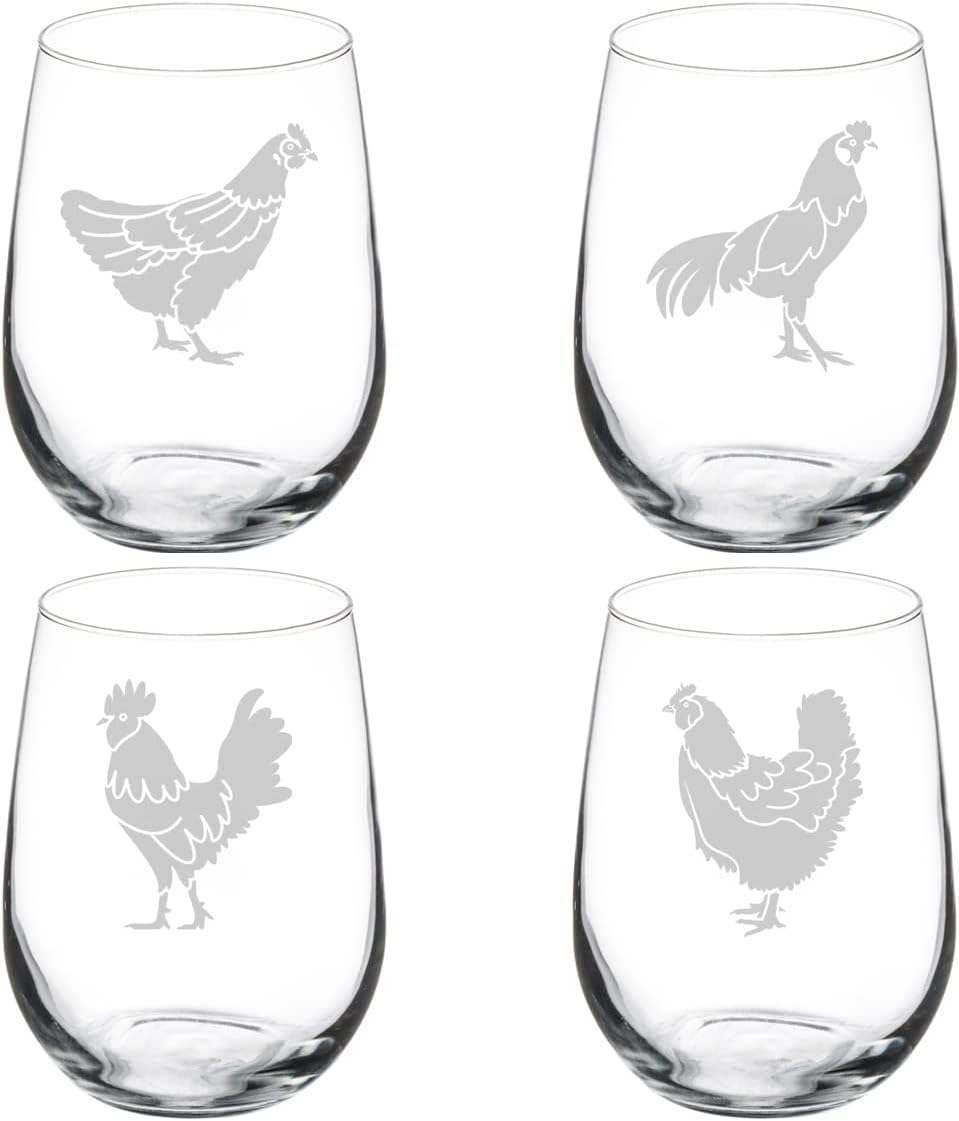 MIP Set of 4 Wine Glass Gift Goblet Chicken Collection (17 oz Stemless)