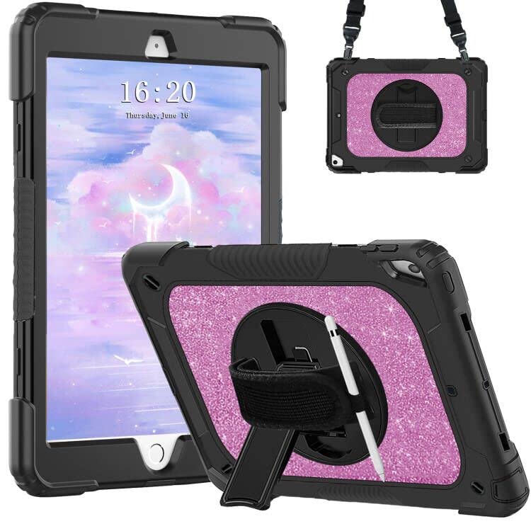CASZONEiPad 10.2 Case 2021/2020/2019,Glitter iPad 9th/8th/7th Generation 10.2 inch Case with Pencil Holder,360°Rotate Stand with Hand/Shoulder Strap,Black+Glitter Purple