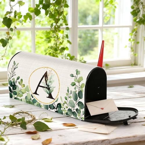 Image of Tiamon Monogrammed A Mailbox Covers Magnetic Eucalyptus Welcome Letter Box Wrap Standard Size 21x18 Inch Spring Summer Leaves Mailbox Decor Eucalyptus Letter Numbers Decoration for Outdoor Garden Yard