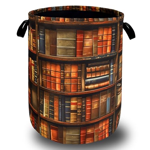 Image of Retro Wooden Bookshelf Pattern Laundry Hamper Books Laundry Basket With Handles Foldable Oxford Cloth Funny Tote Bag Clothes Toy Storage Bucket 18.9"x16.5" For Bathroom/Laundry/Bedroom
